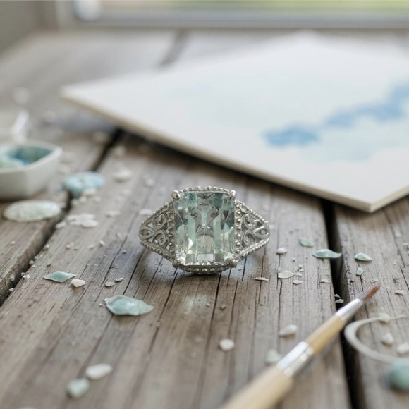 Montezuma ✦ Prasiolite Solitaire Ring ✦ 3.40ct Green Quartz S925 Platinum Sz 9 - Picture 1 of 17